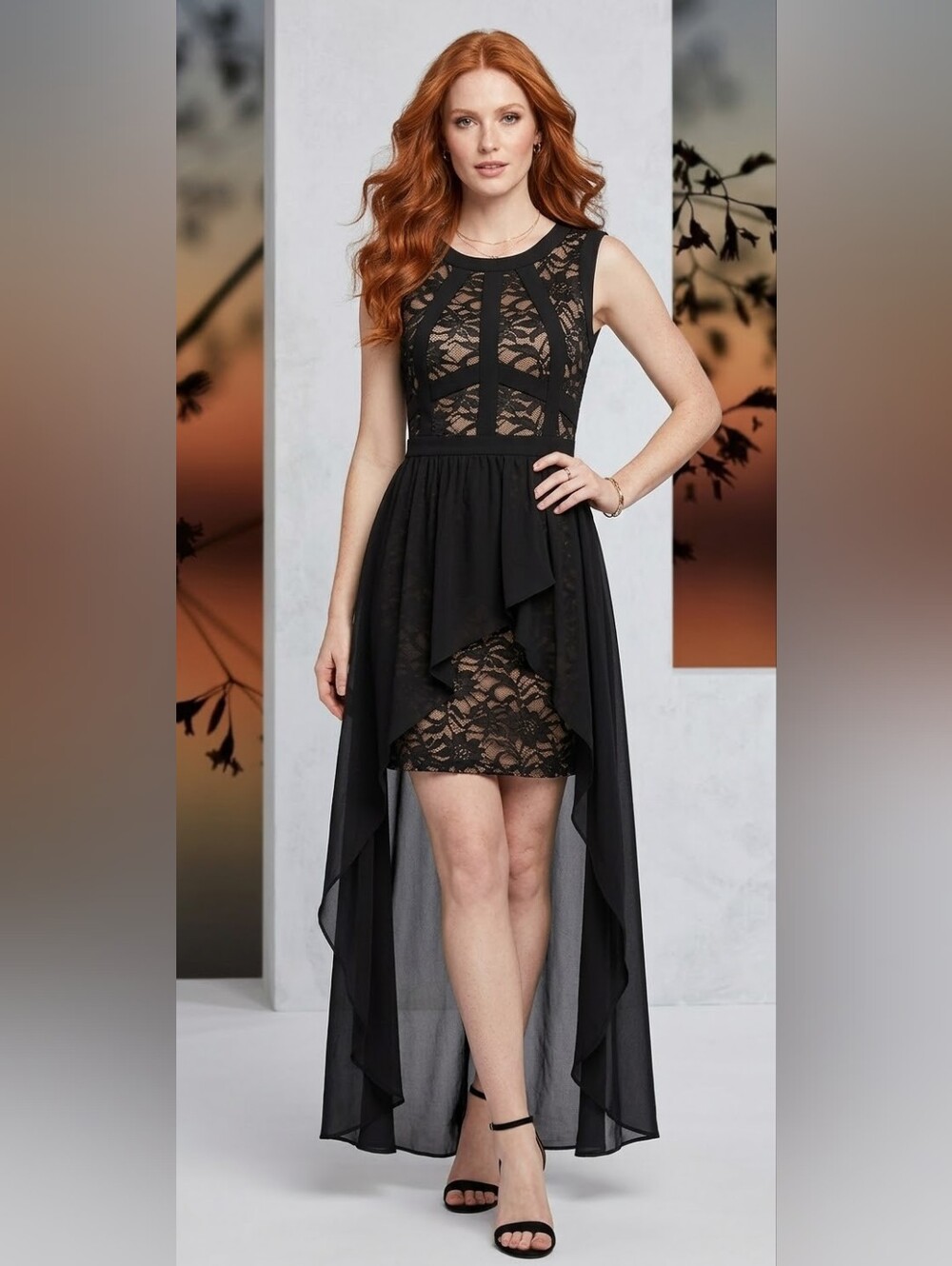 Morgan & Co. Black & Nude Lace High Low Dress